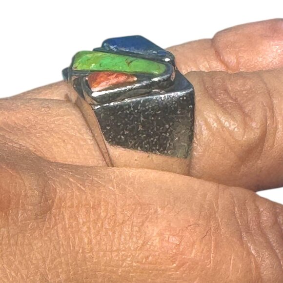 Native American Gaspeite Coral Lapis Sterling Silver Statement Ring Size 8 - Picture 3 of 9